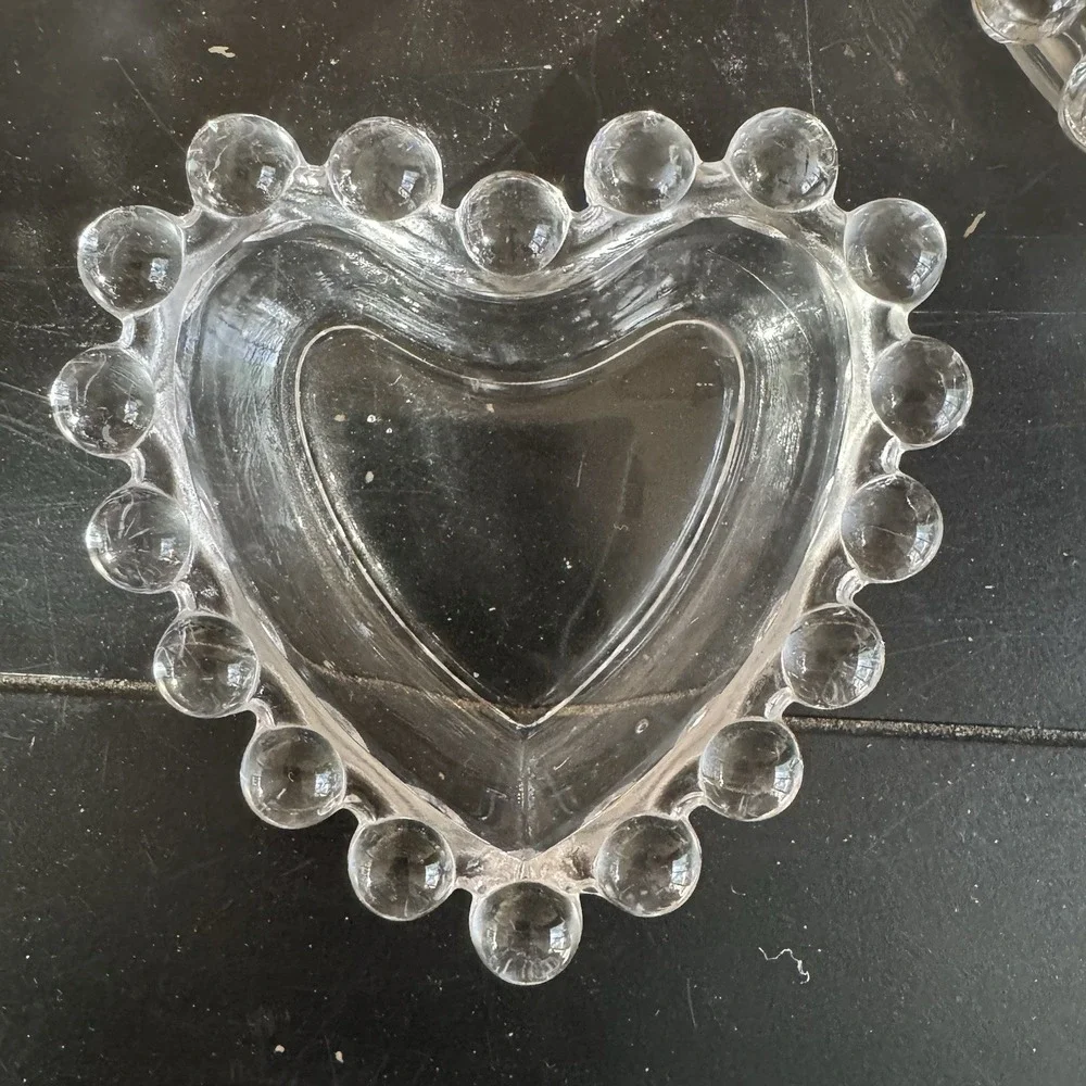 Vintage Candlewick Style Heart Glass Trinket Dish‎ Set – 3 Sizes – Clear Glass
